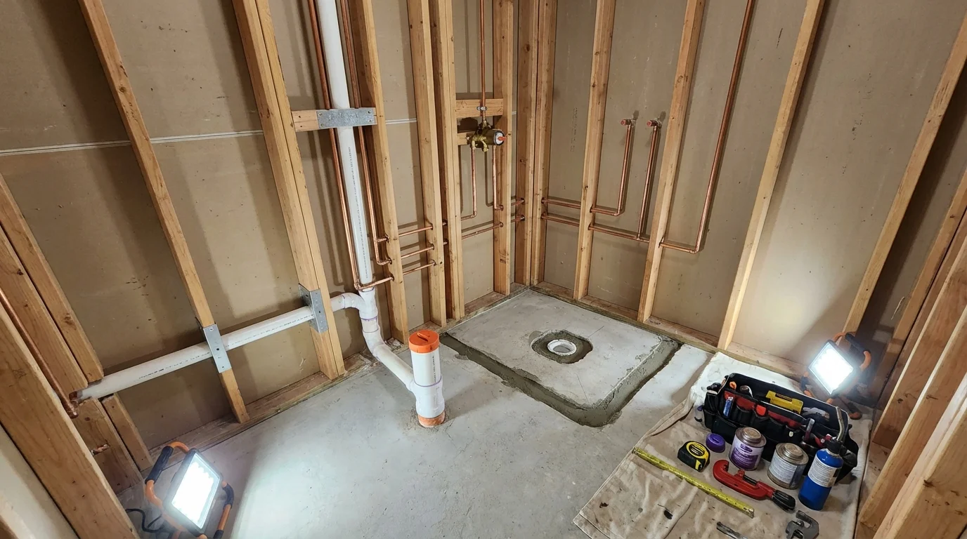 Bathroom rough-in plumbing during remodel by Johns Plumbing LLC in Hines