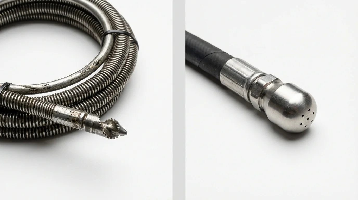 Drain snake cable and hydro jetting nozzle used for drain cleaning in Hines, OR