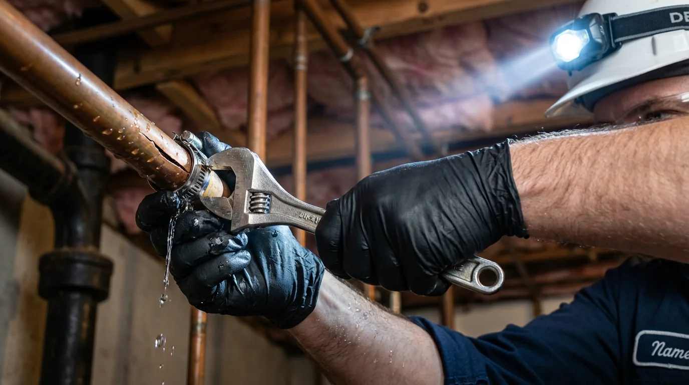 Emergency pipe clamp repair being performed by a Johns Plumbing LLC plumber in Hines