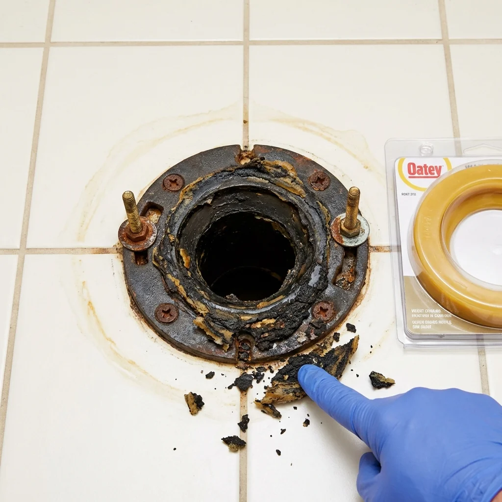 Failed wax ring showing water seepage at the base of a toilet in a Hines, OR home