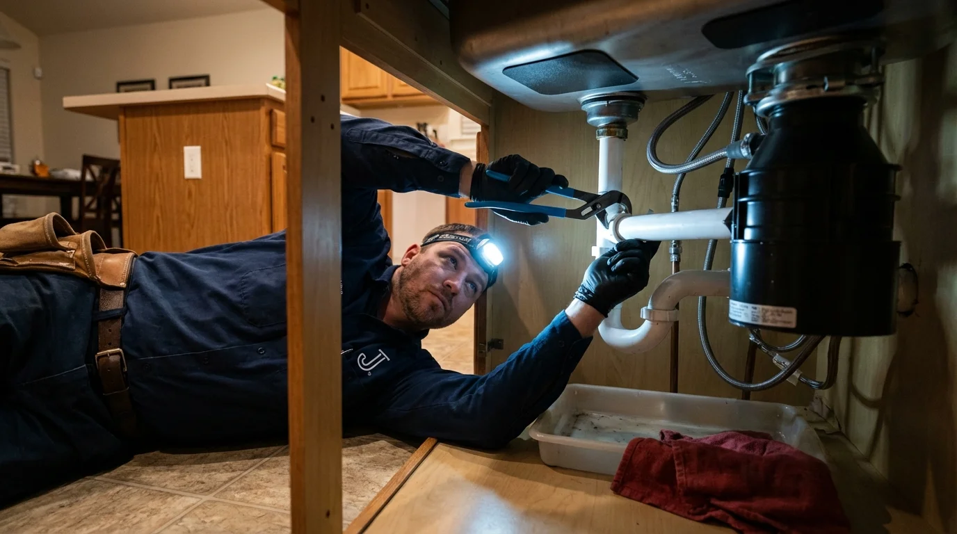 P-trap and supply line connections under a kitchen sink showing a common leak point in Hines, OR